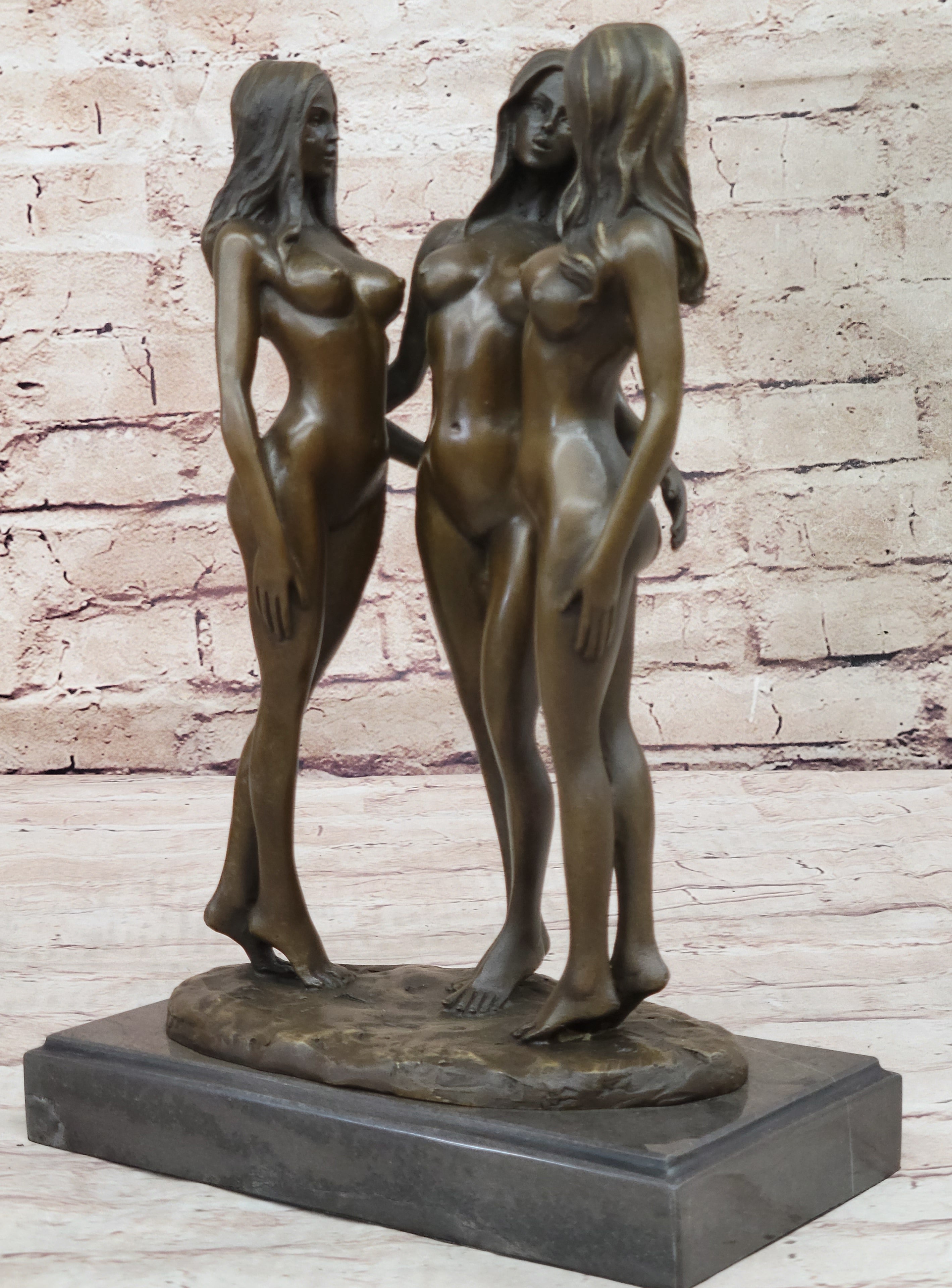 Three 3 Nude Girls Bronze Female Figures Sculpture Statue Modern Erotic Art 12" x 8"