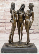 Three 3 Nude Girls Bronze Female Figures Sculpture Statue Modern Erotic Art 12" x 8"