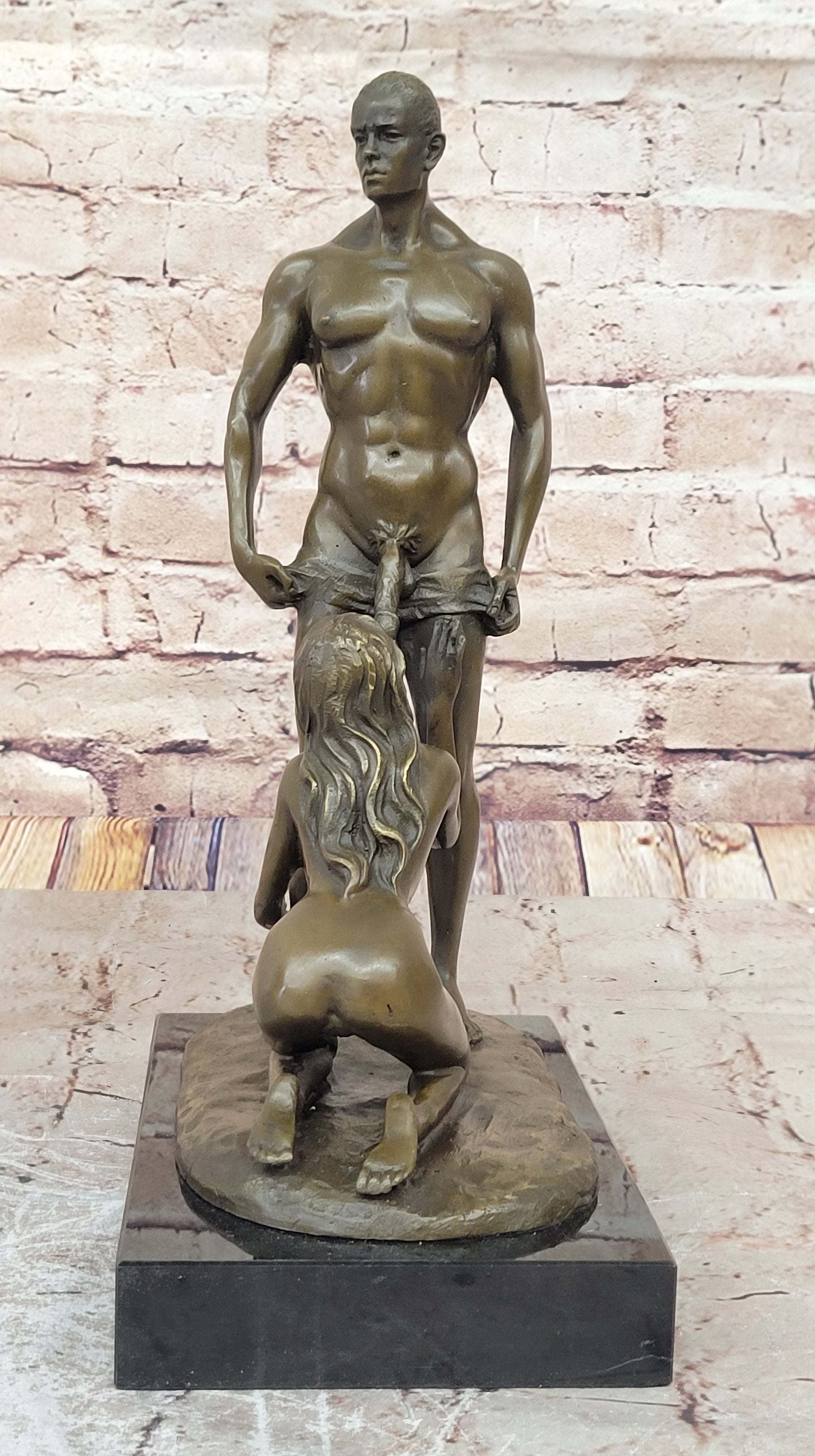 Blowjob Bronze Statue Sculpture Girl on Her Knees Erotic Art on Marble Base by Mavchi 13"