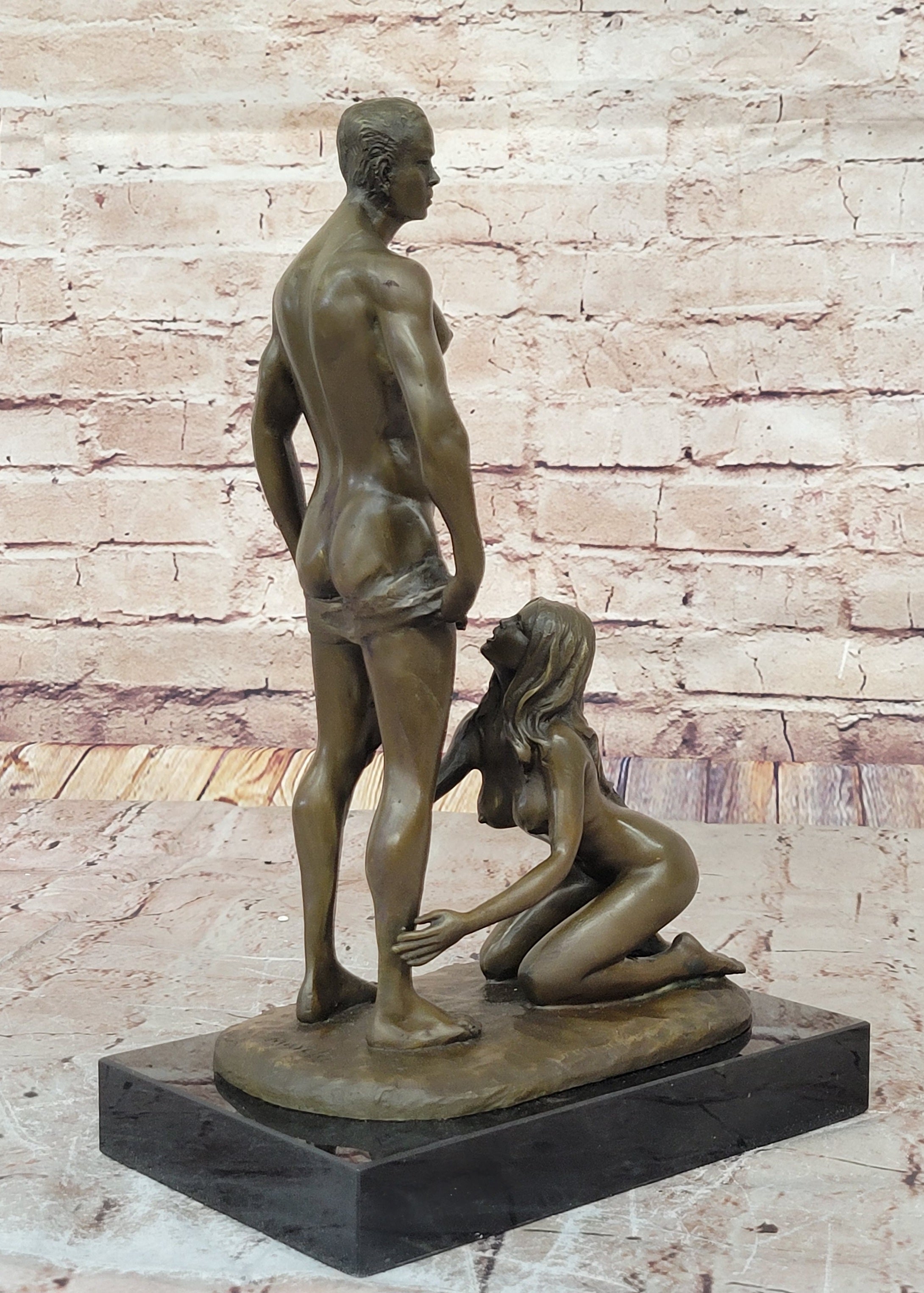 Blowjob Bronze Statue Sculpture Girl on Her Knees Erotic Art on Marble Base by Mavchi 13"