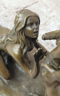 Blowjob Bronze Statue Sculpture Girl on Her Knees Erotic Art on Marble Base by Mavchi 13"
