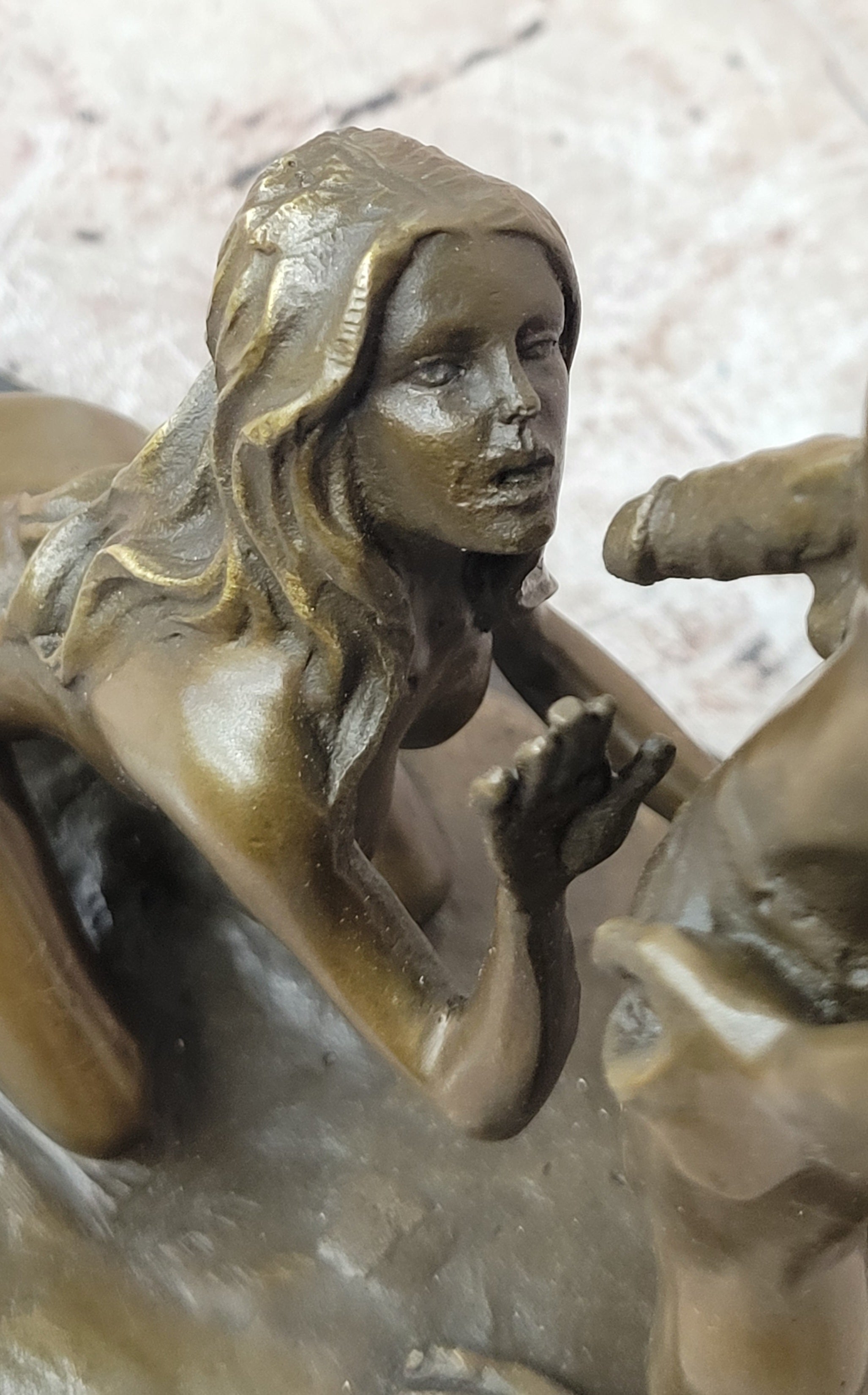 Blowjob Bronze Statue Sculpture Girl on Her Knees Erotic Art on Marble Base by Mavchi 13"