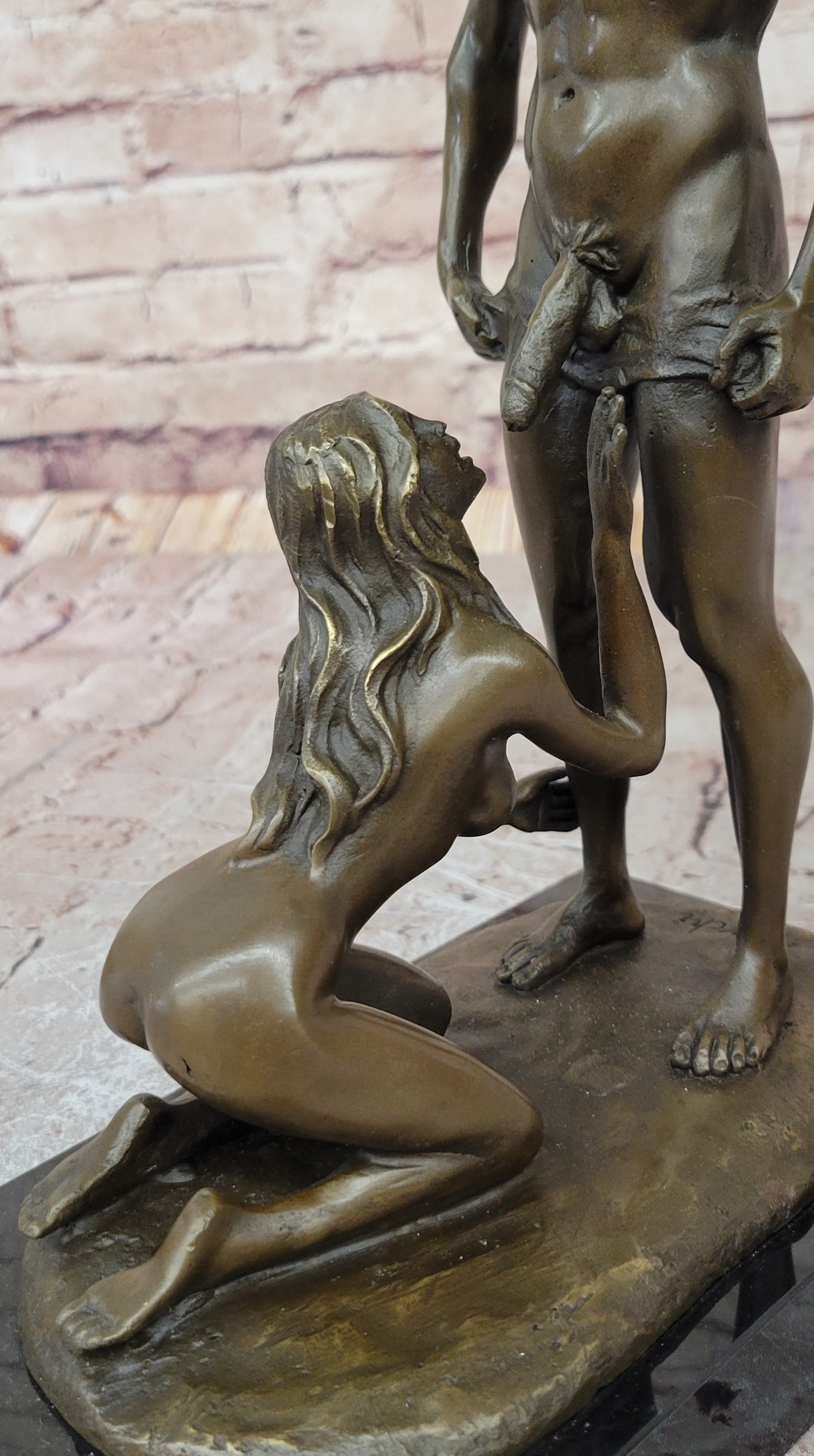 Blowjob Bronze Statue Sculpture Girl on Her Knees Erotic Art on Marble Base by Mavchi 13"
