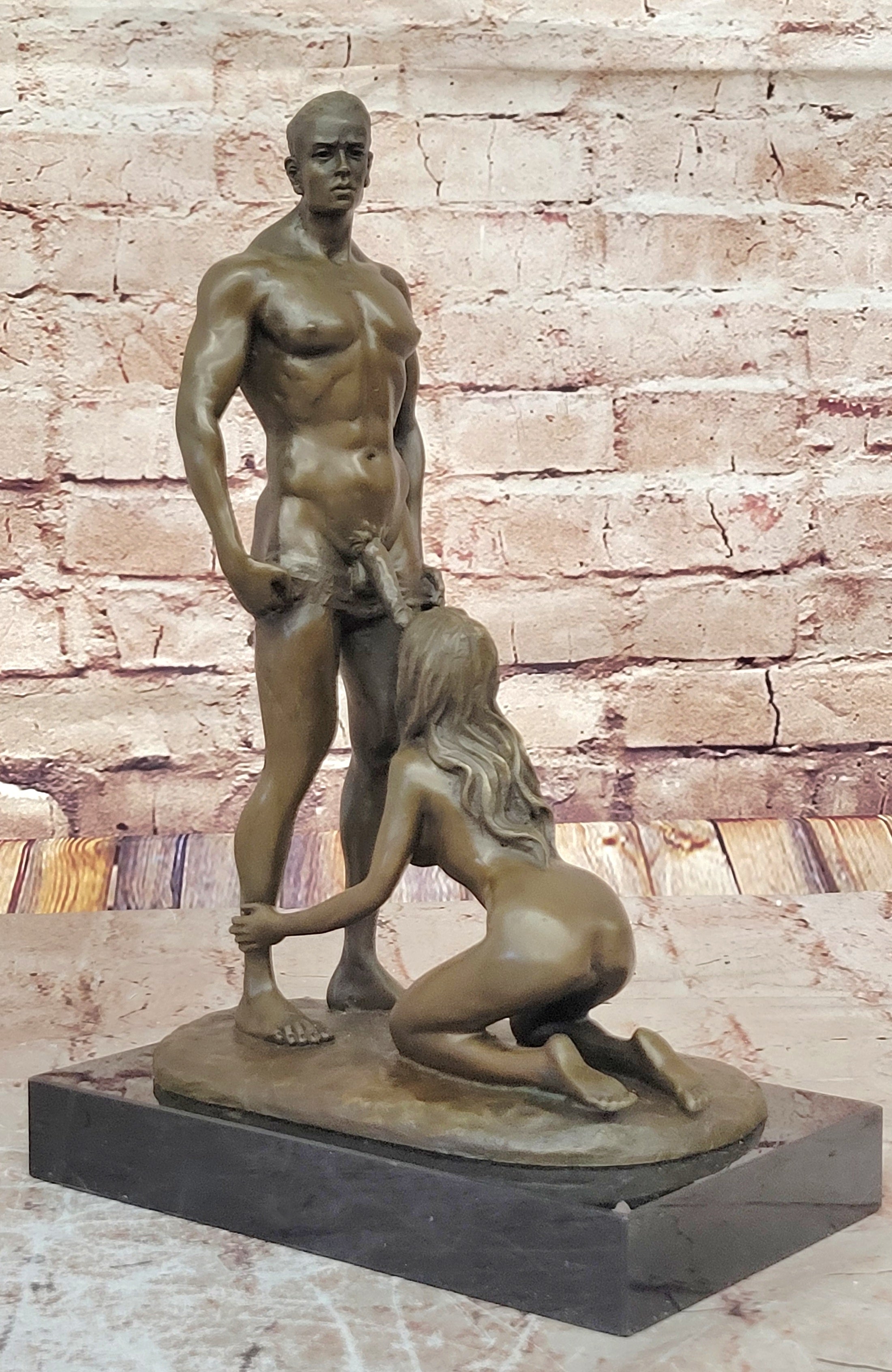 Blowjob Bronze Statue Sculpture Girl on Her Knees Erotic Art on Marble Base by Mavchi 13"