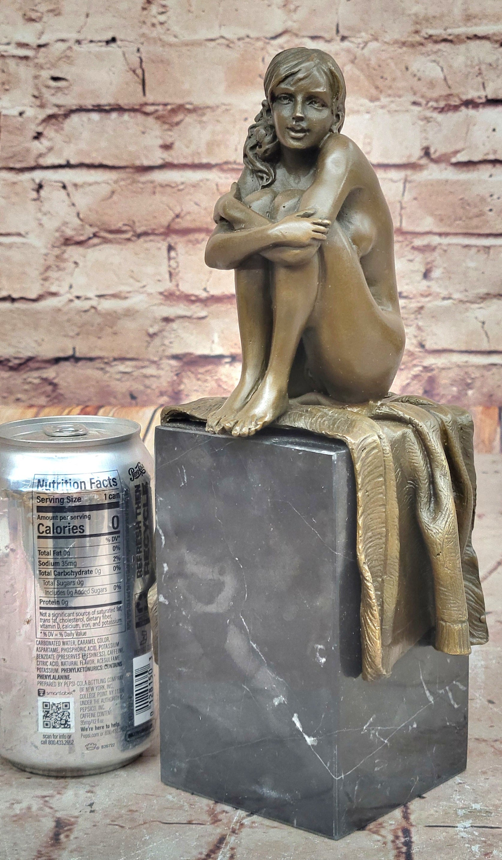 Woman Sitting on Rug Bronze Sculpture Black Marble Base