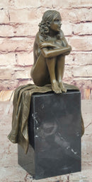 Woman Sitting on Rug Bronze Sculpture Black Marble Base