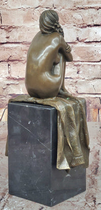 Woman Sitting on Rug Bronze Sculpture Black Marble Base