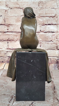 Woman Sitting on Rug Bronze Sculpture Black Marble Base