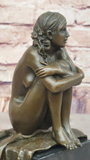 Woman Sitting on Rug Bronze Sculpture Black Marble Base