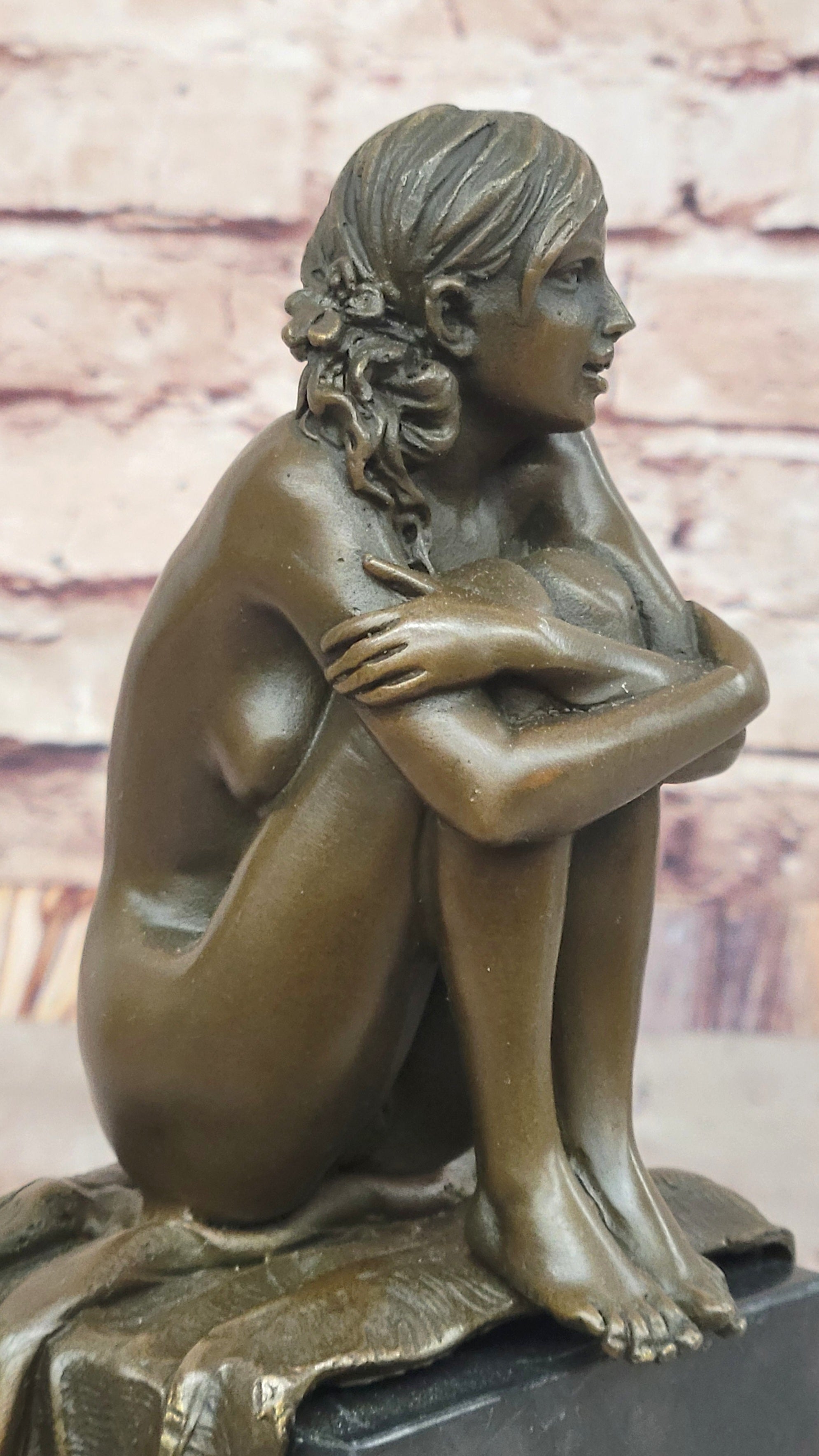 Woman Sitting on Rug Bronze Sculpture Black Marble Base