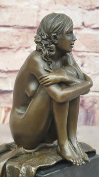 Woman Sitting on Rug Bronze Sculpture Black Marble Base