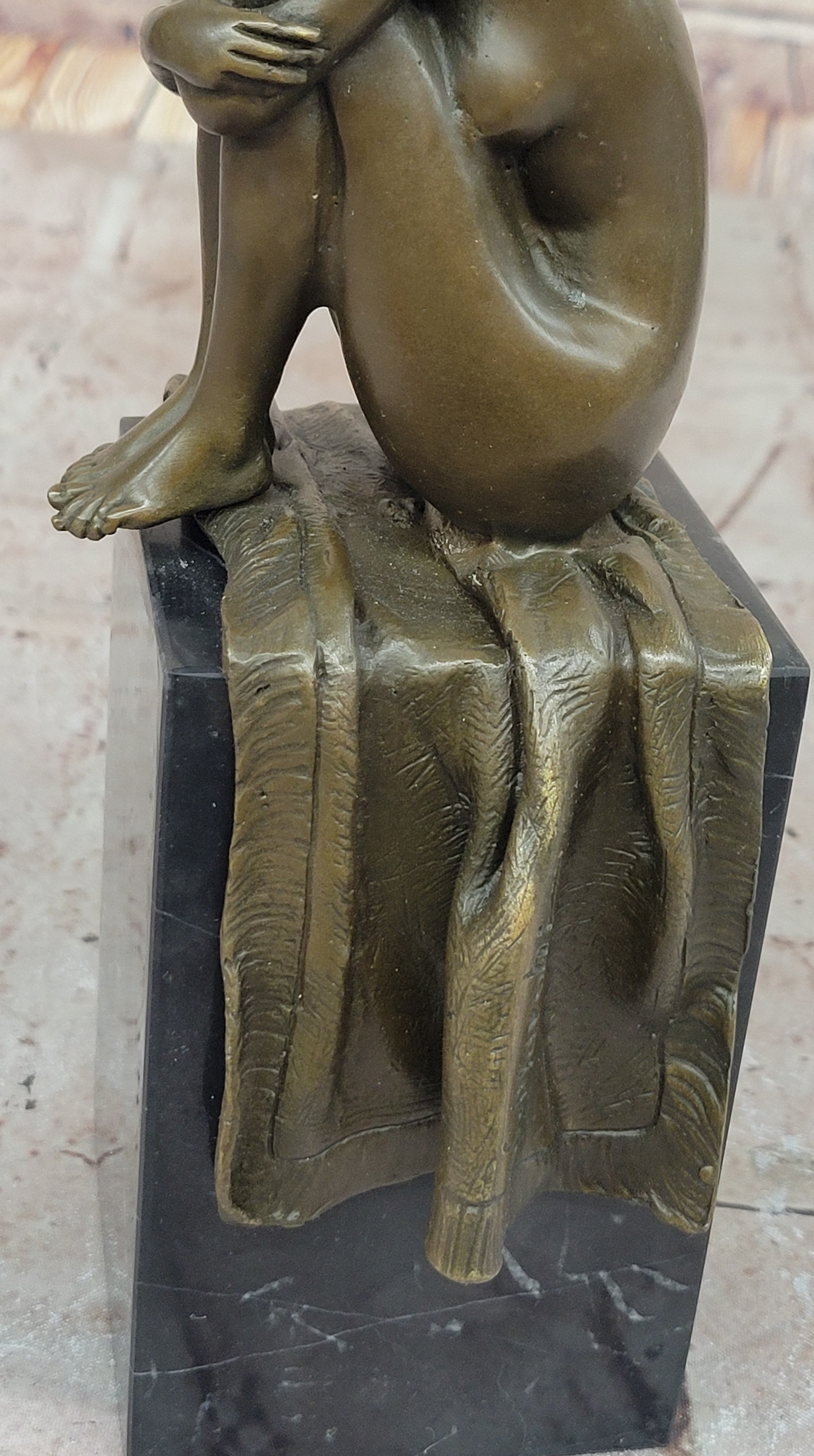 Woman Sitting on Rug Bronze Sculpture Black Marble Base