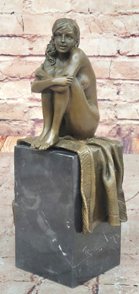 Woman Sitting on Rug Bronze Sculpture Black Marble Base