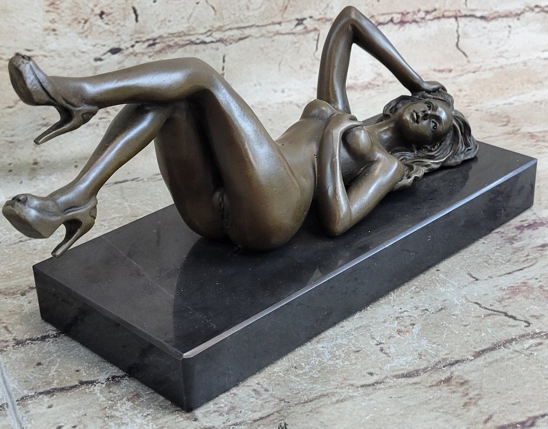 Erotic Bronze Signed Sculpture Statue Nude Woman Naked Lady Laying on Back 5" x 10"