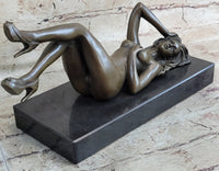 Erotic Bronze Signed Sculpture Statue Nude Woman Naked Lady Laying on Back 5" x 10"