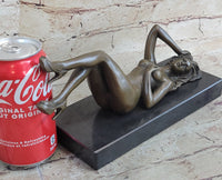 Erotic Bronze Signed Sculpture Statue Nude Woman Naked Lady Laying on Back 5" x 10"