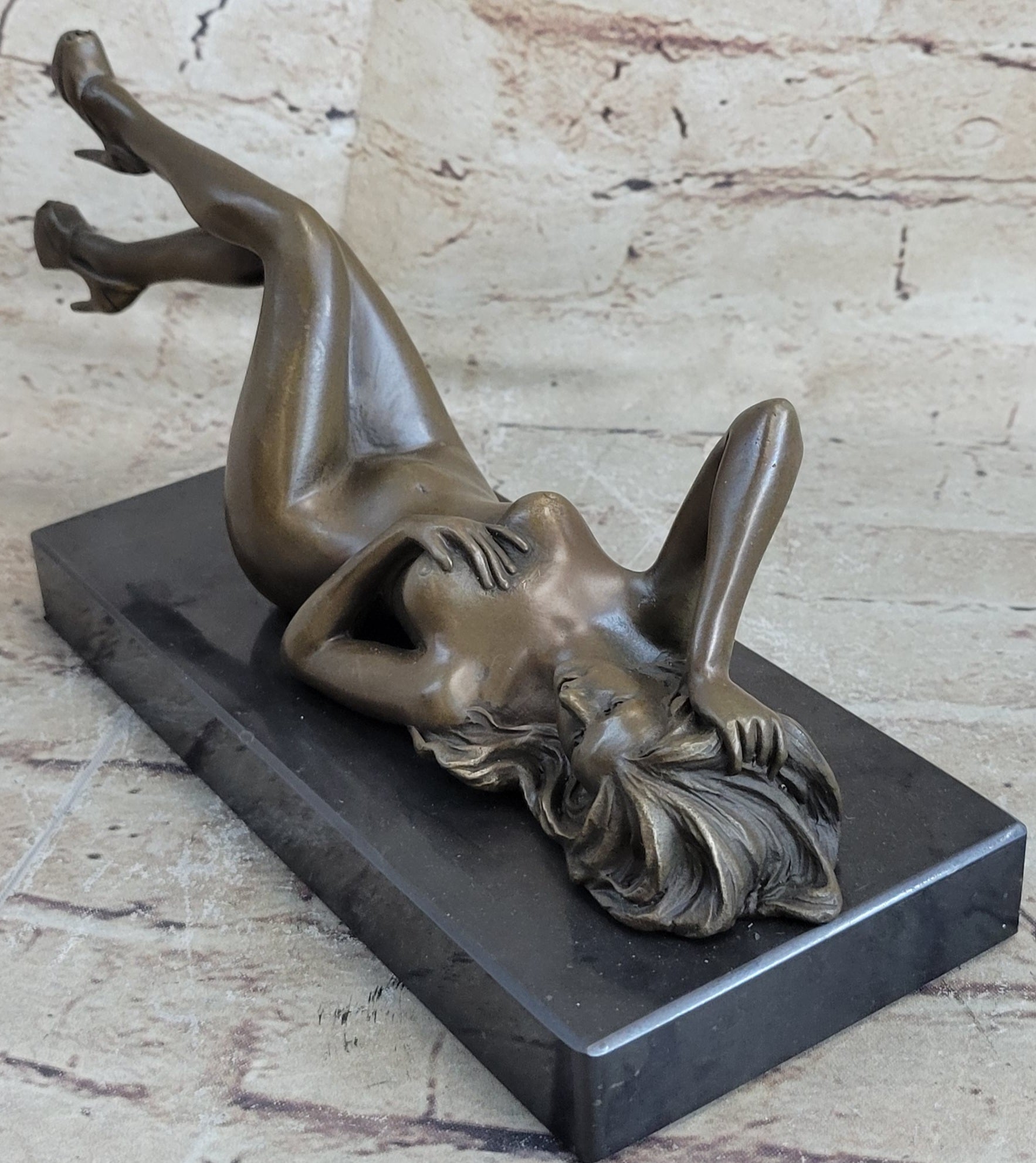 Erotic Bronze Signed Sculpture Statue Nude Woman Naked Lady Laying on Back 5" x 10"