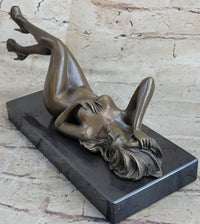 Erotic Bronze Signed Sculpture Statue Nude Woman Naked Lady Laying on Back 5" x 10"