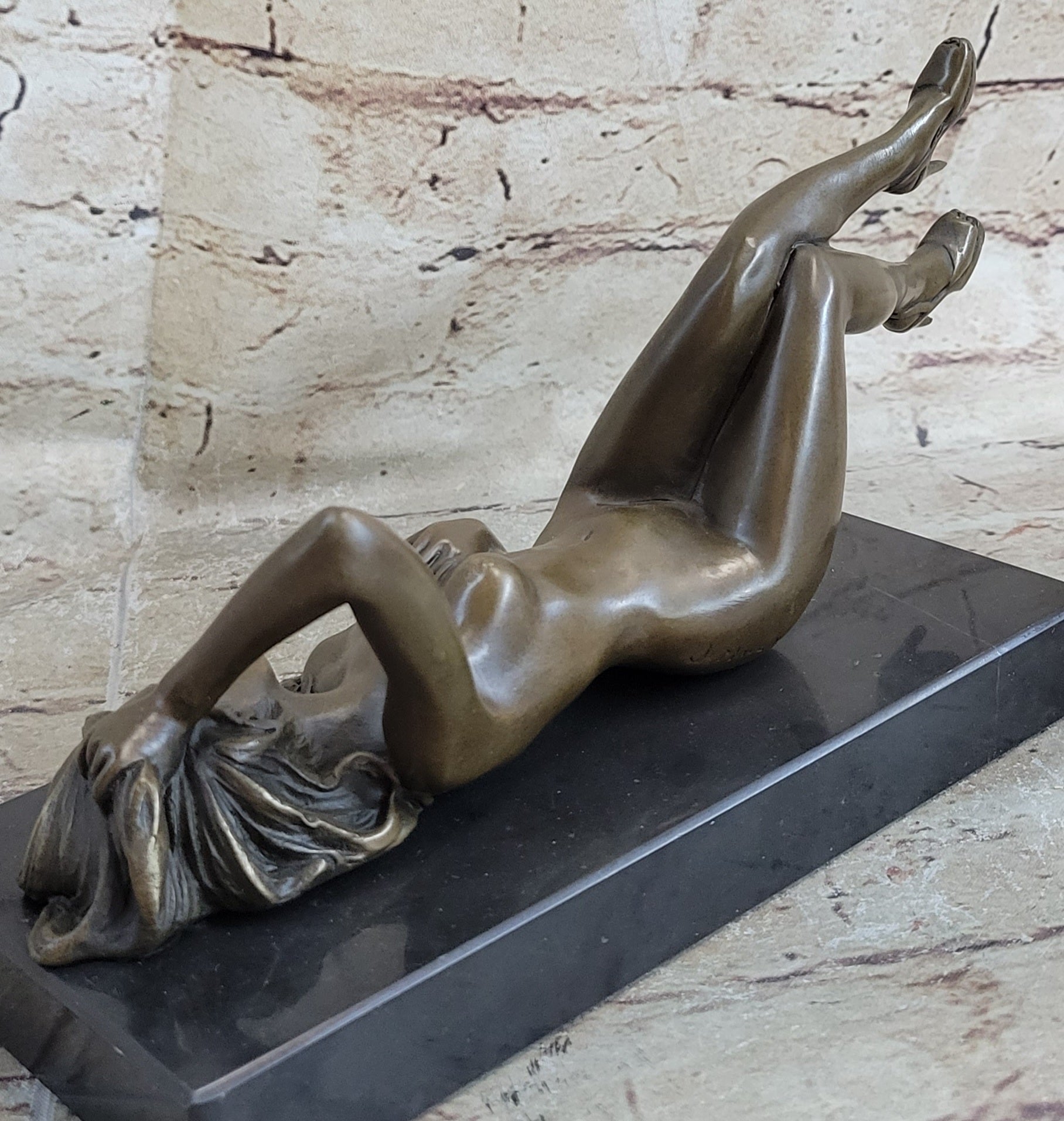 Erotic Bronze Signed Sculpture Statue Nude Woman Naked Lady Laying on Back 5" x 10"