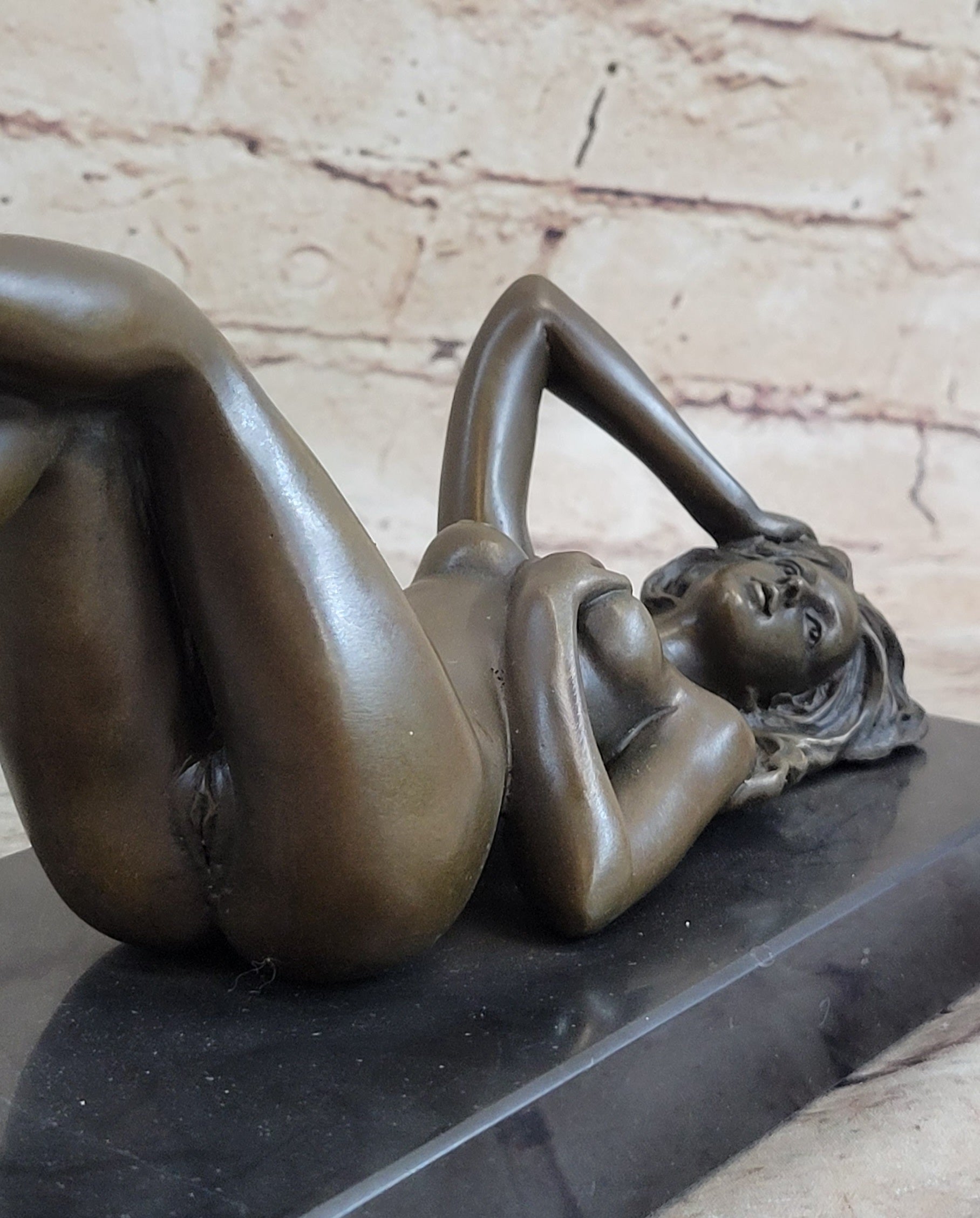Erotic Bronze Signed Sculpture Statue Nude Woman Naked Lady Laying on Back 5" x 10"