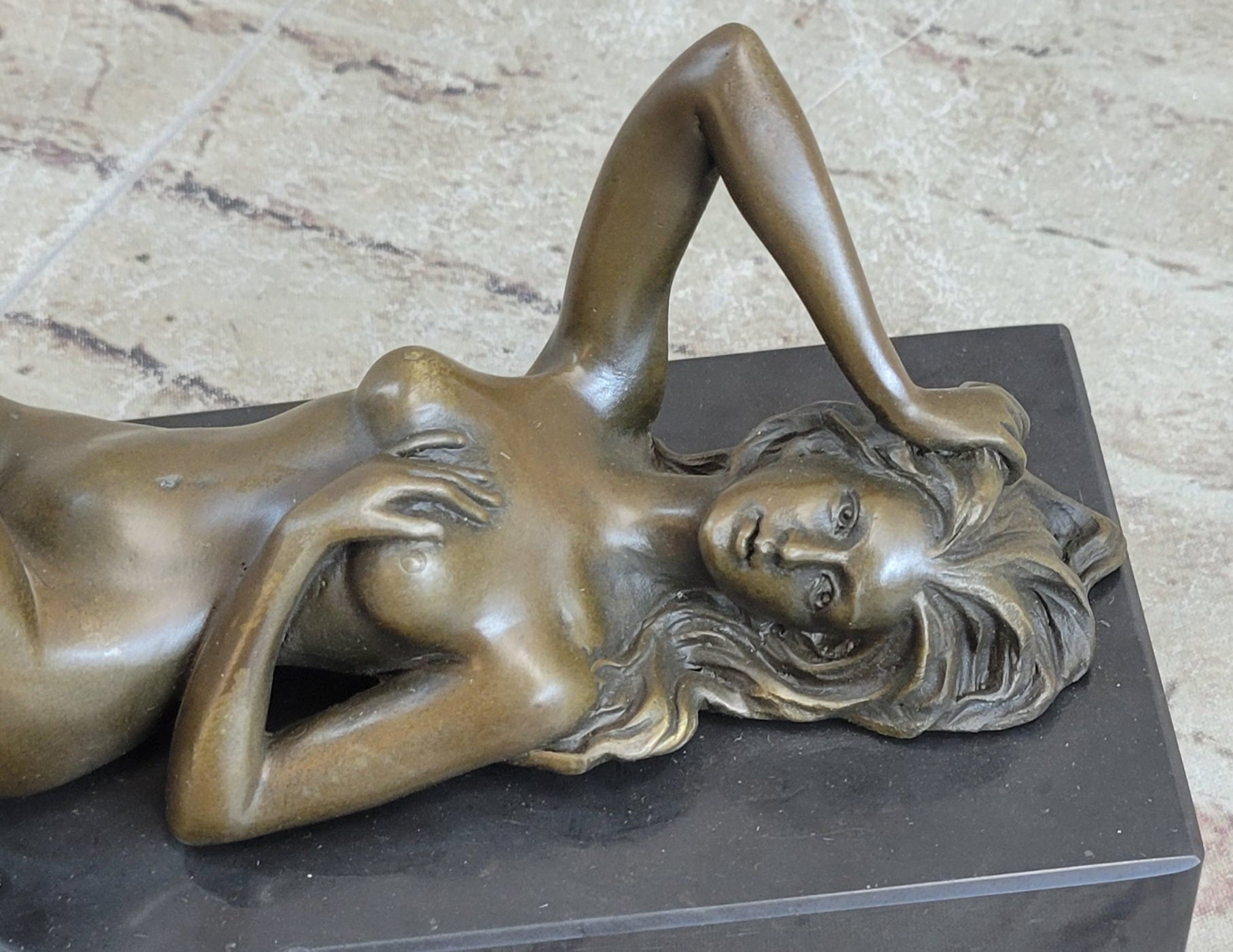 Erotic Bronze Signed Sculpture Statue Nude Woman Naked Lady Laying on Back 5" x 10"