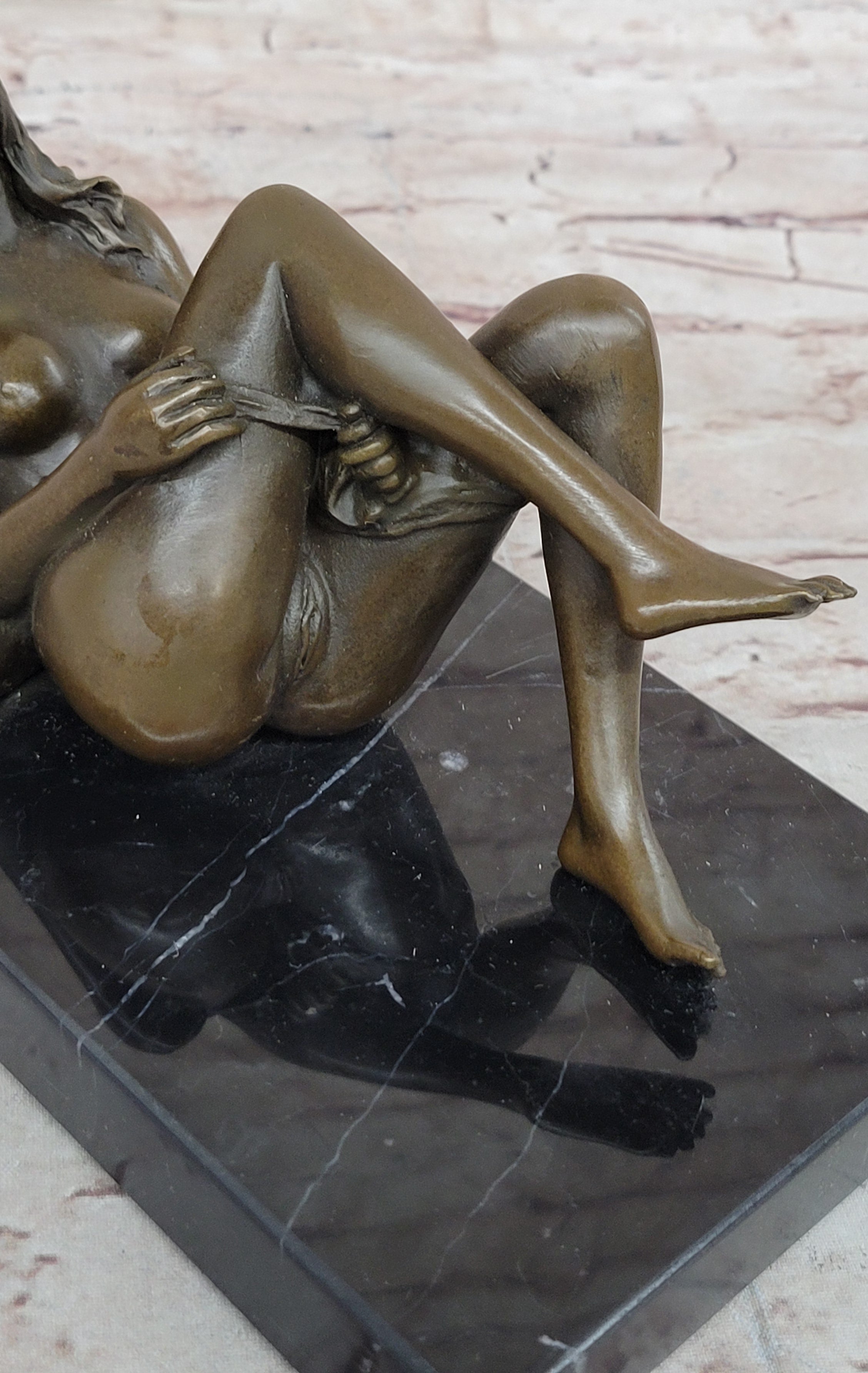 Heat of the Moment - Erotic Bronze Figure of Nude Girl Taking off Underwear by J. Mavchi