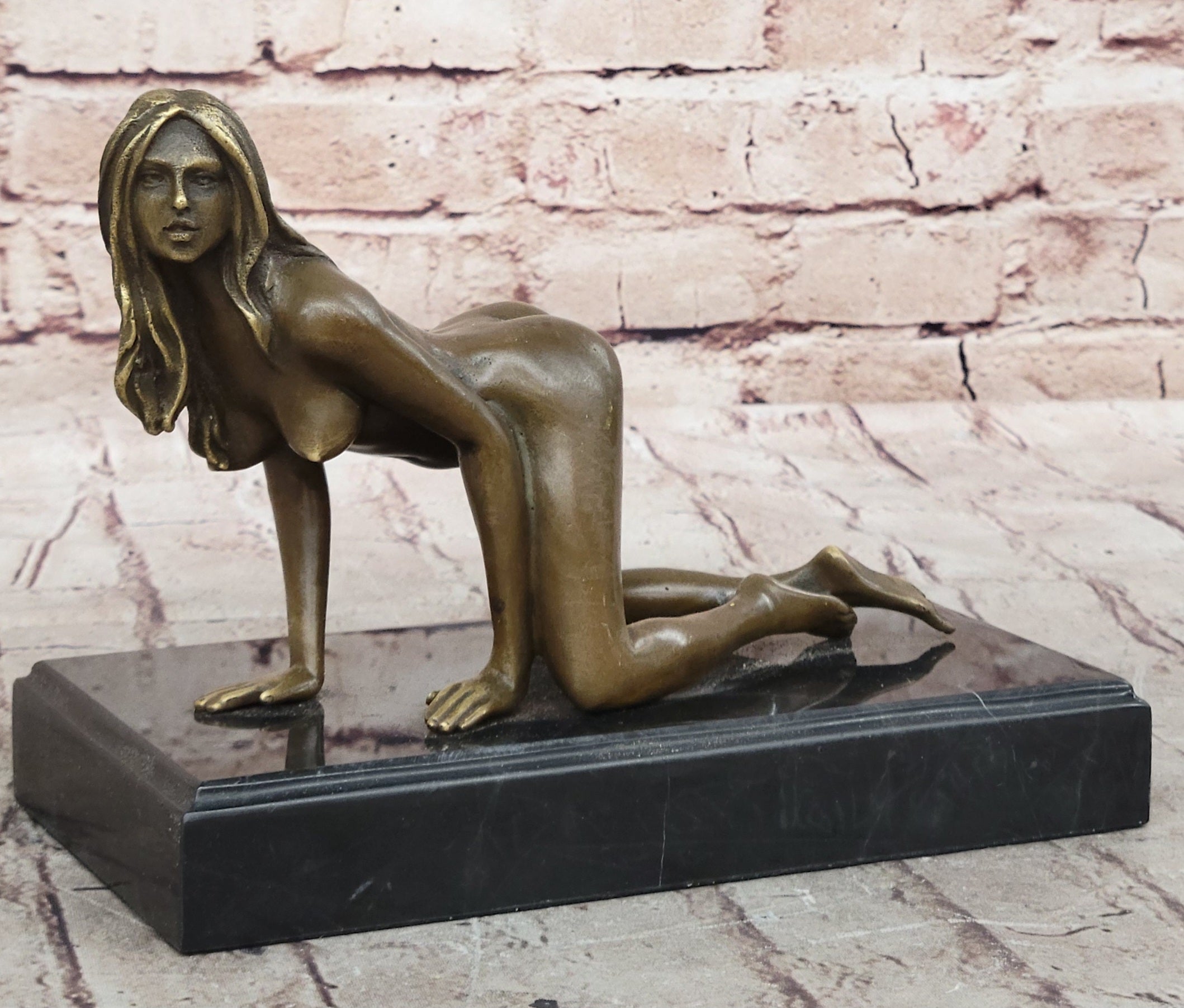 Erotic Nude Girl Crawling On Hands Knees Bronze Sculpture Art 6" x 9"