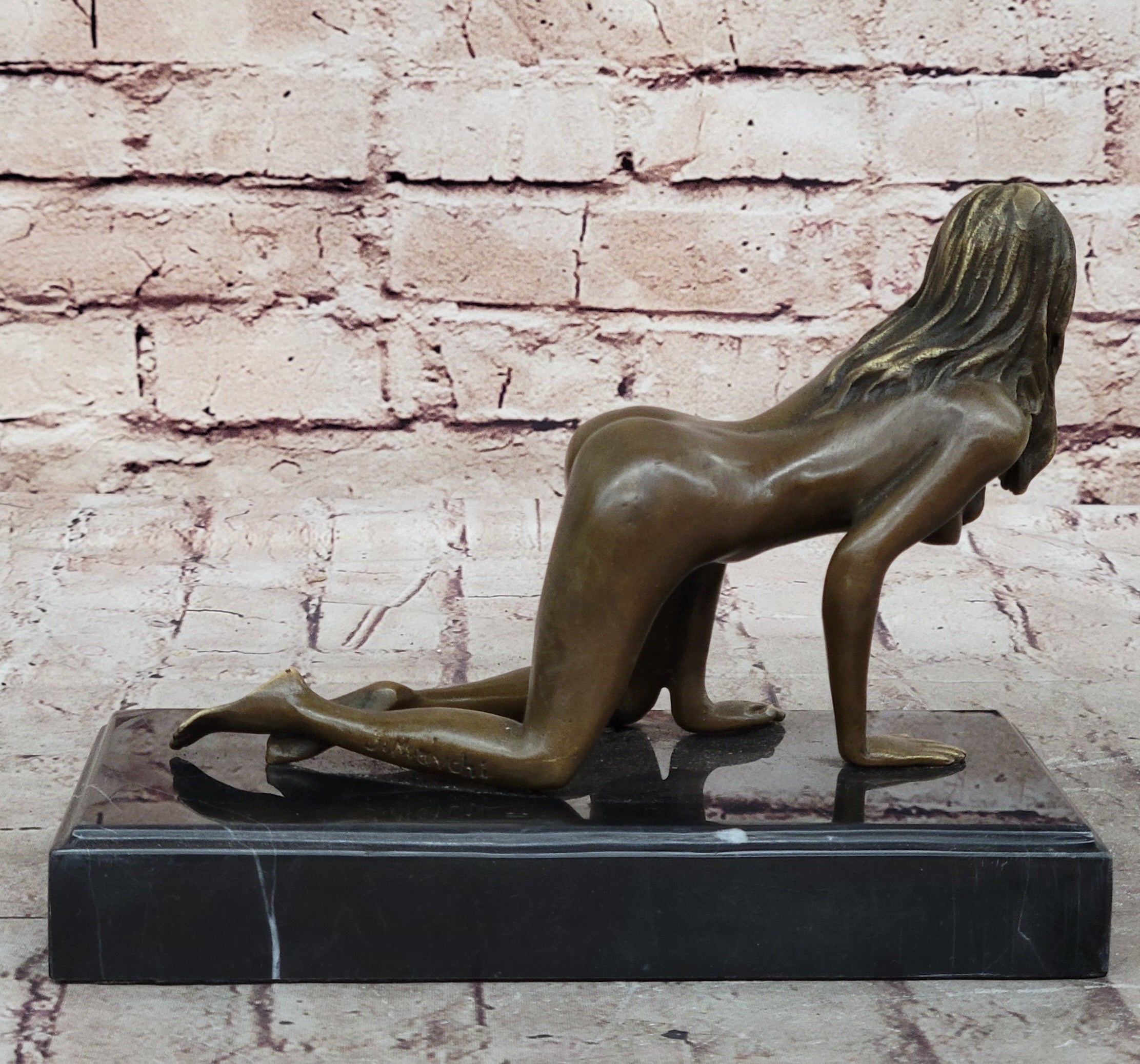 Erotic Nude Girl Crawling On Hands Knees Bronze Sculpture Art 6" x 9"