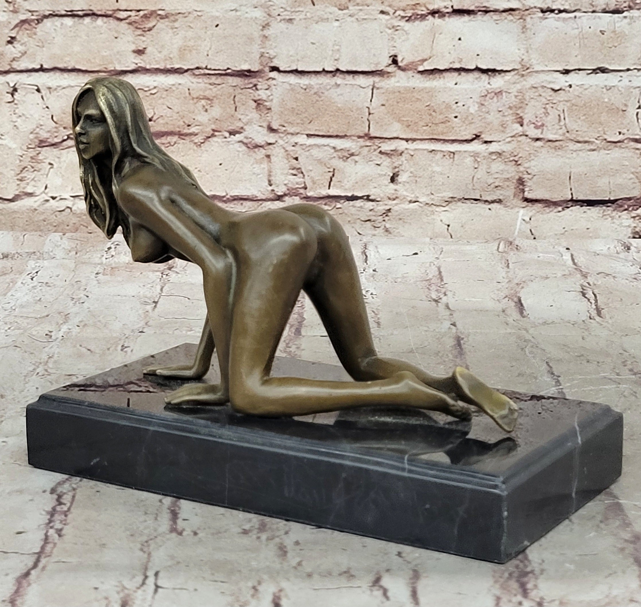 Erotic Nude Girl Crawling On Hands Knees Bronze Sculpture Art 6" x 9"