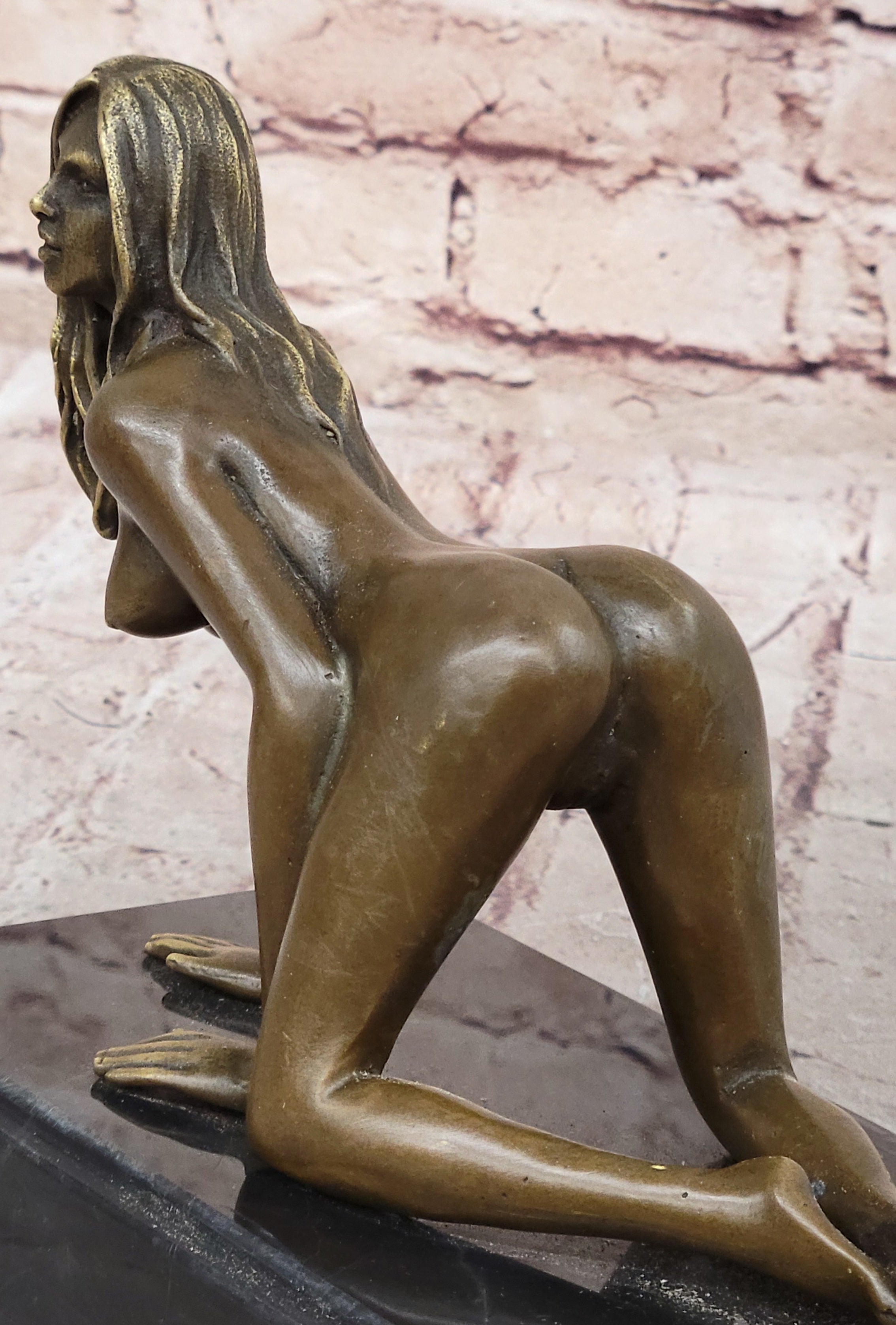 Erotic Nude Girl Crawling On Hands Knees Bronze Sculpture Art 6" x 9"