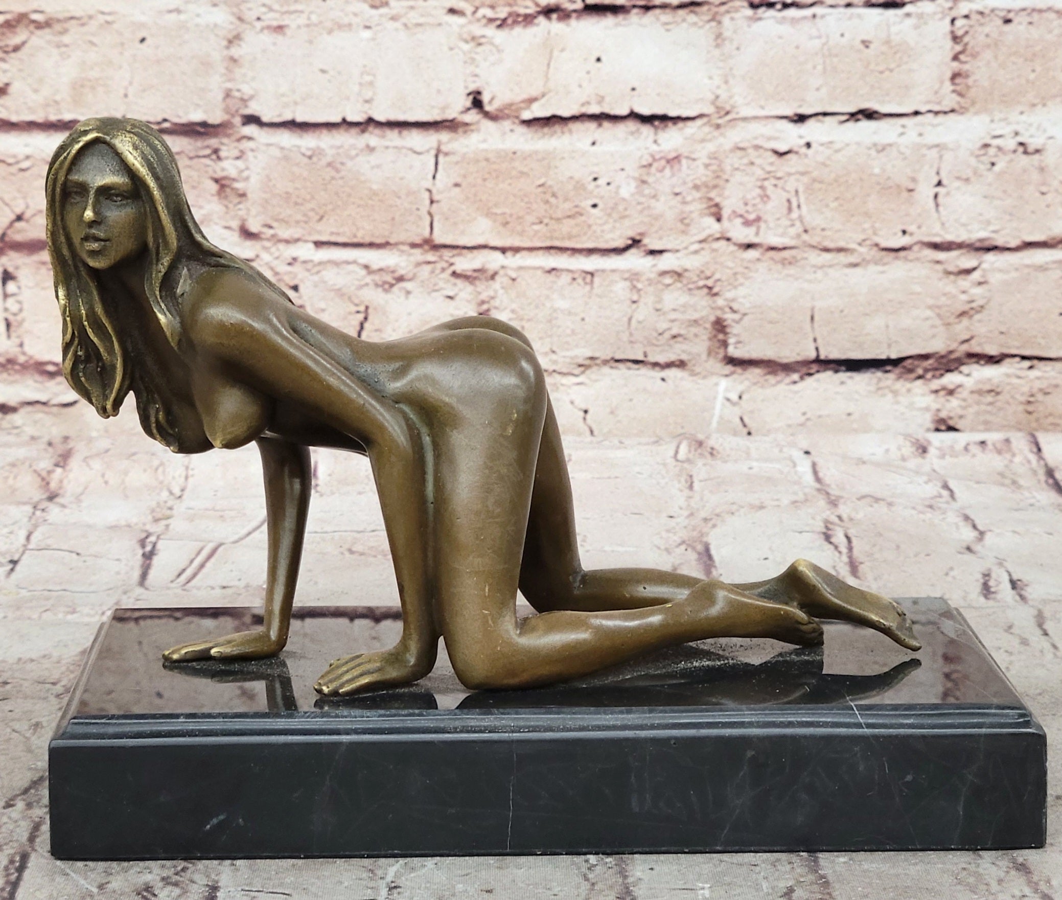 Erotic Nude Girl Crawling On Hands Knees Bronze Sculpture Art 6" x 9"