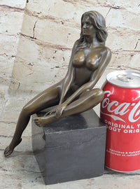 Nude Female Bronze Figure Sitting on Black Marble Base Original Signed Art Sculpture 8" x 8.5"