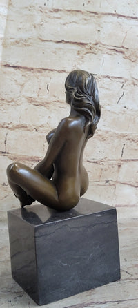 Nude Female Bronze Figure Sitting on Black Marble Base Original Signed Art Sculpture 8" x 8.5"