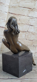 Nude Female Bronze Figure Sitting on Black Marble Base Original Signed Art Sculpture 8" x 8.5"