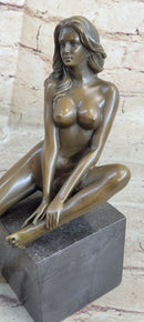 Nude Female Bronze Figure Sitting on Black Marble Base Original Signed Art Sculpture 8" x 8.5"