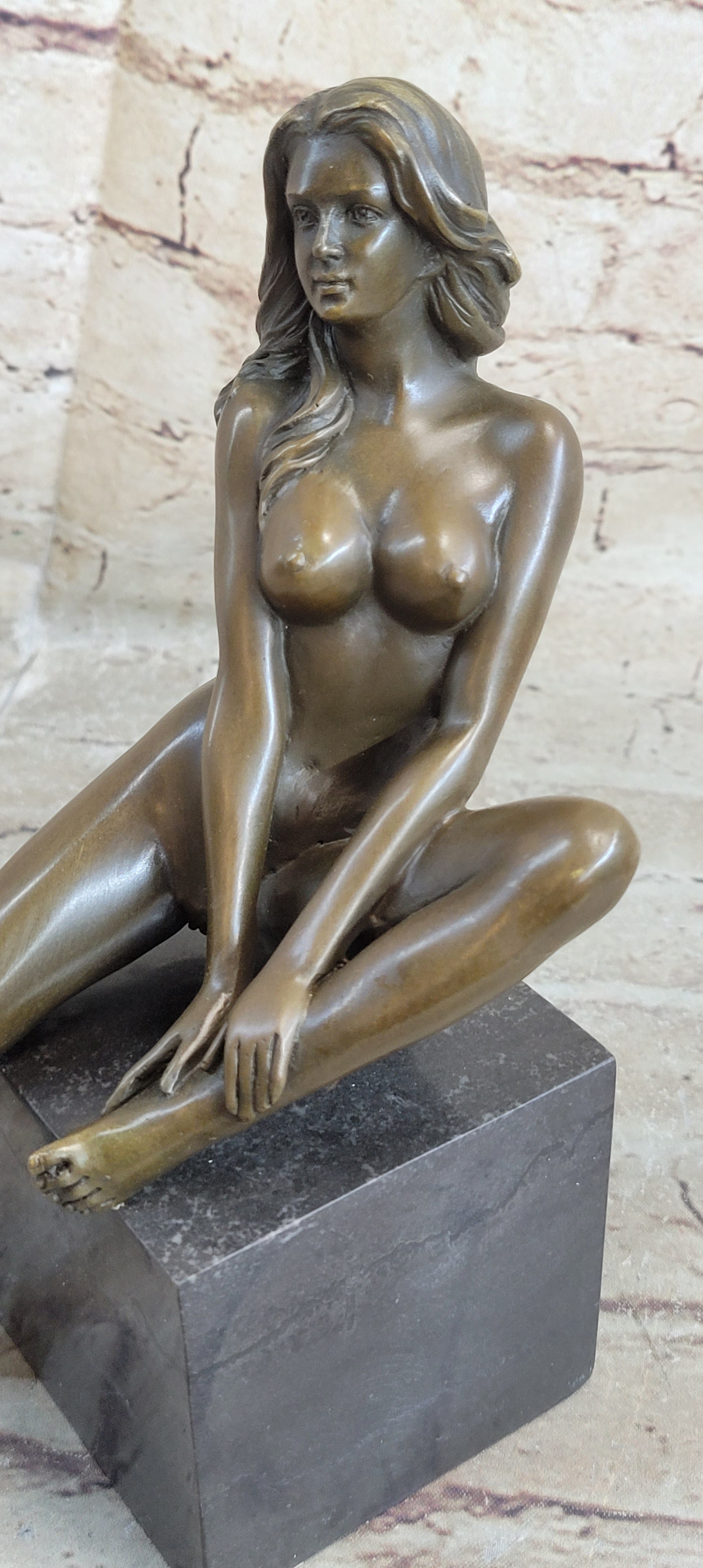 Nude Female Bronze Figure Sitting on Black Marble Base Original Signed Art Sculpture 8" x 8.5"