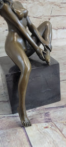 Nude Female Bronze Figure Sitting on Black Marble Base Original Signed Art Sculpture 8" x 8.5"