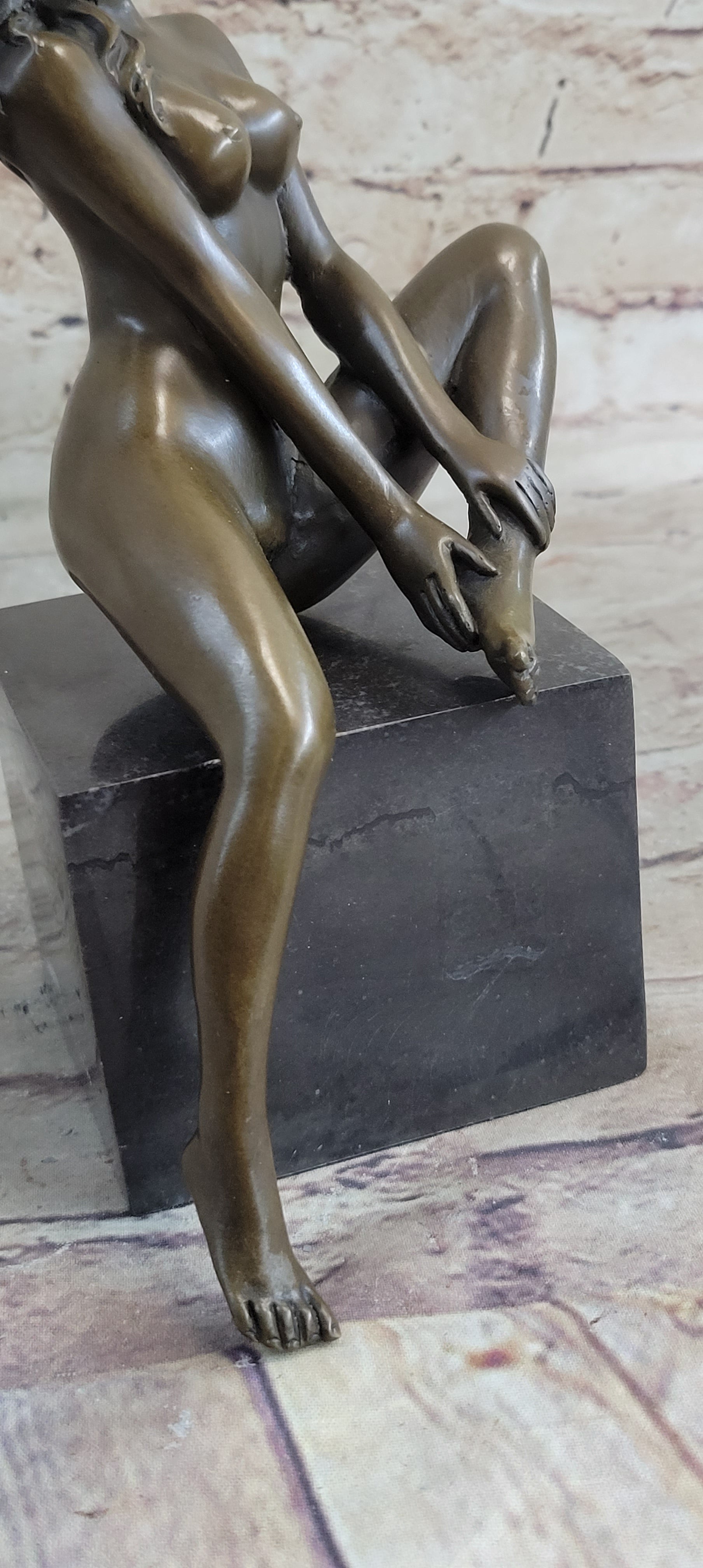 Nude Female Bronze Figure Sitting on Black Marble Base Original Signed Art Sculpture 8" x 8.5"