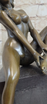 Nude Female Bronze Figure Sitting on Black Marble Base Original Signed Art Sculpture 8" x 8.5"