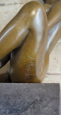 Nude Female Bronze Figure Sitting on Black Marble Base Original Signed Art Sculpture 8" x 8.5"