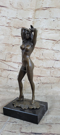 Nude Bronze Sculpture Marble Base Art Noveau Girl Standing Rock