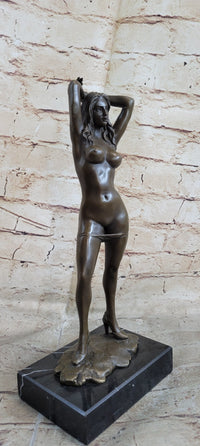 Nude Bronze Sculpture Marble Base Art Noveau Girl Standing Rock