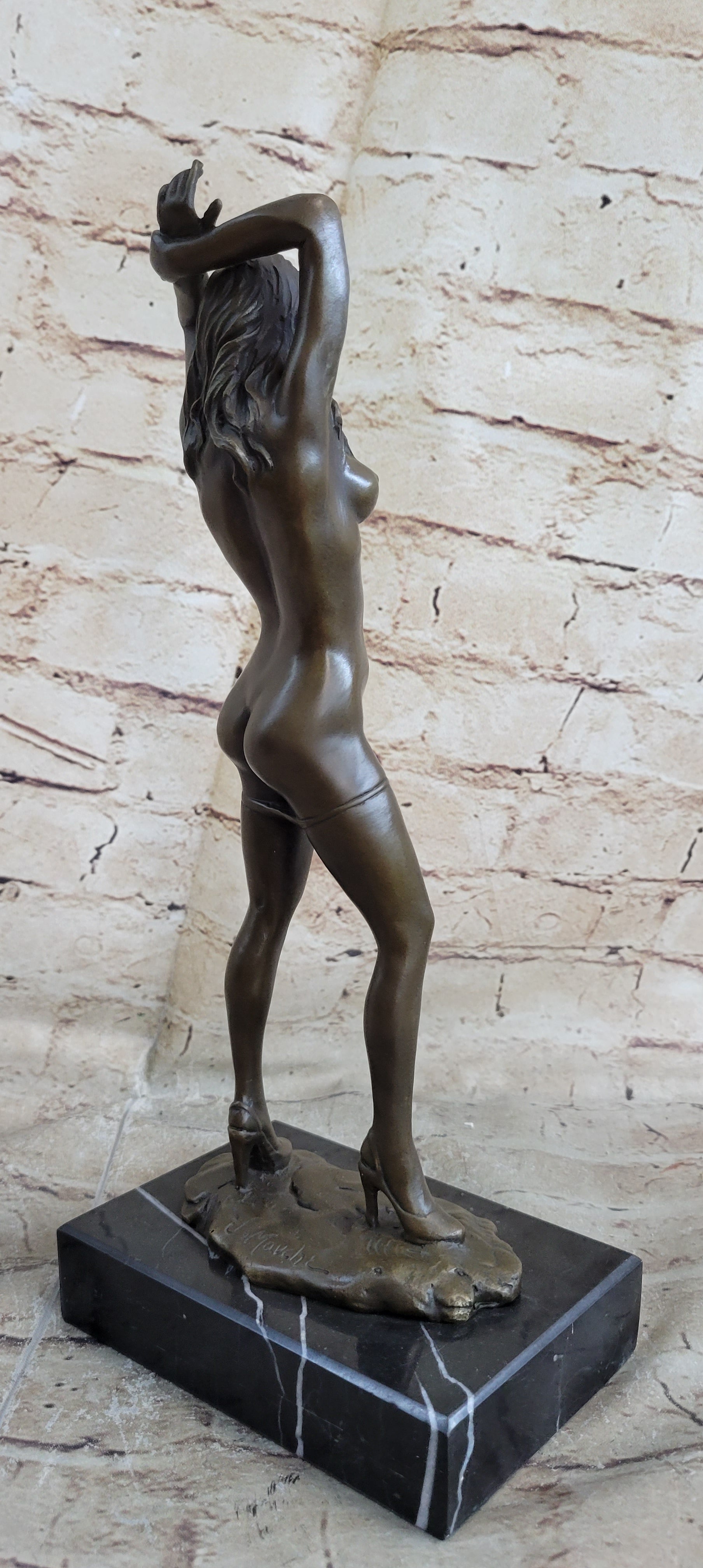 Nude Bronze Sculpture Marble Base Art Noveau Girl Standing Rock