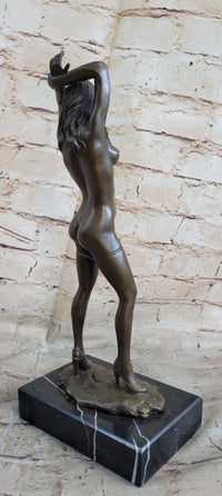 Nude Bronze Sculpture Marble Base Art Noveau Girl Standing Rock