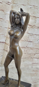 Nude Bronze Sculpture Marble Base Art Noveau Girl Standing Rock