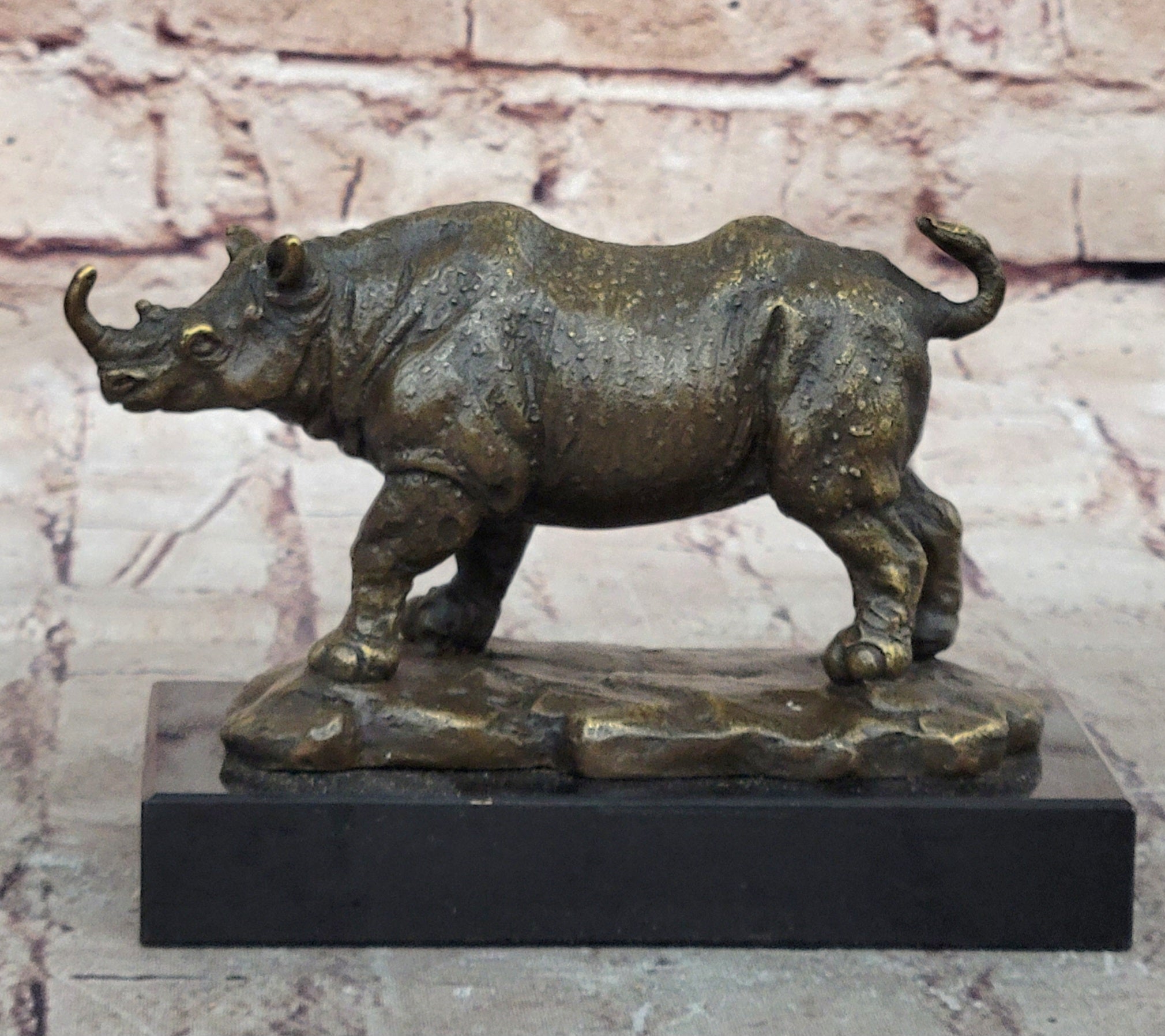Bronze Rhino Sculpture on Marble Base – Vintage Wildlife