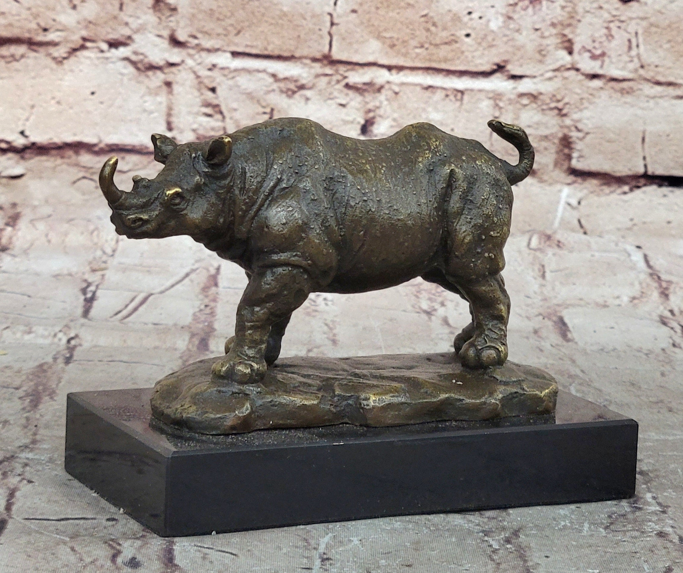 Bronze Rhino Sculpture on Marble Base – Vintage Wildlife