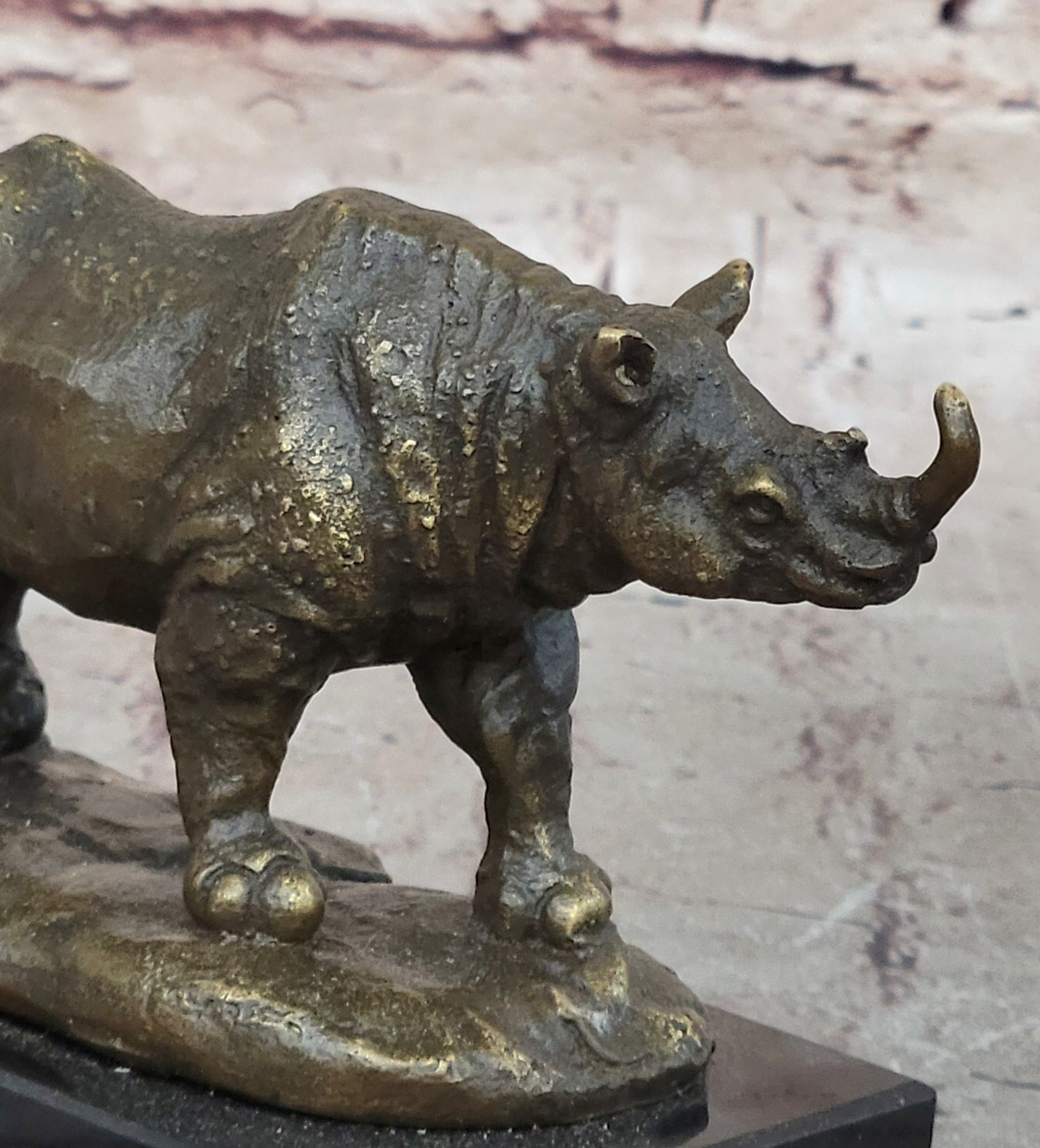 Bronze Rhino Sculpture on Marble Base – Vintage Wildlife