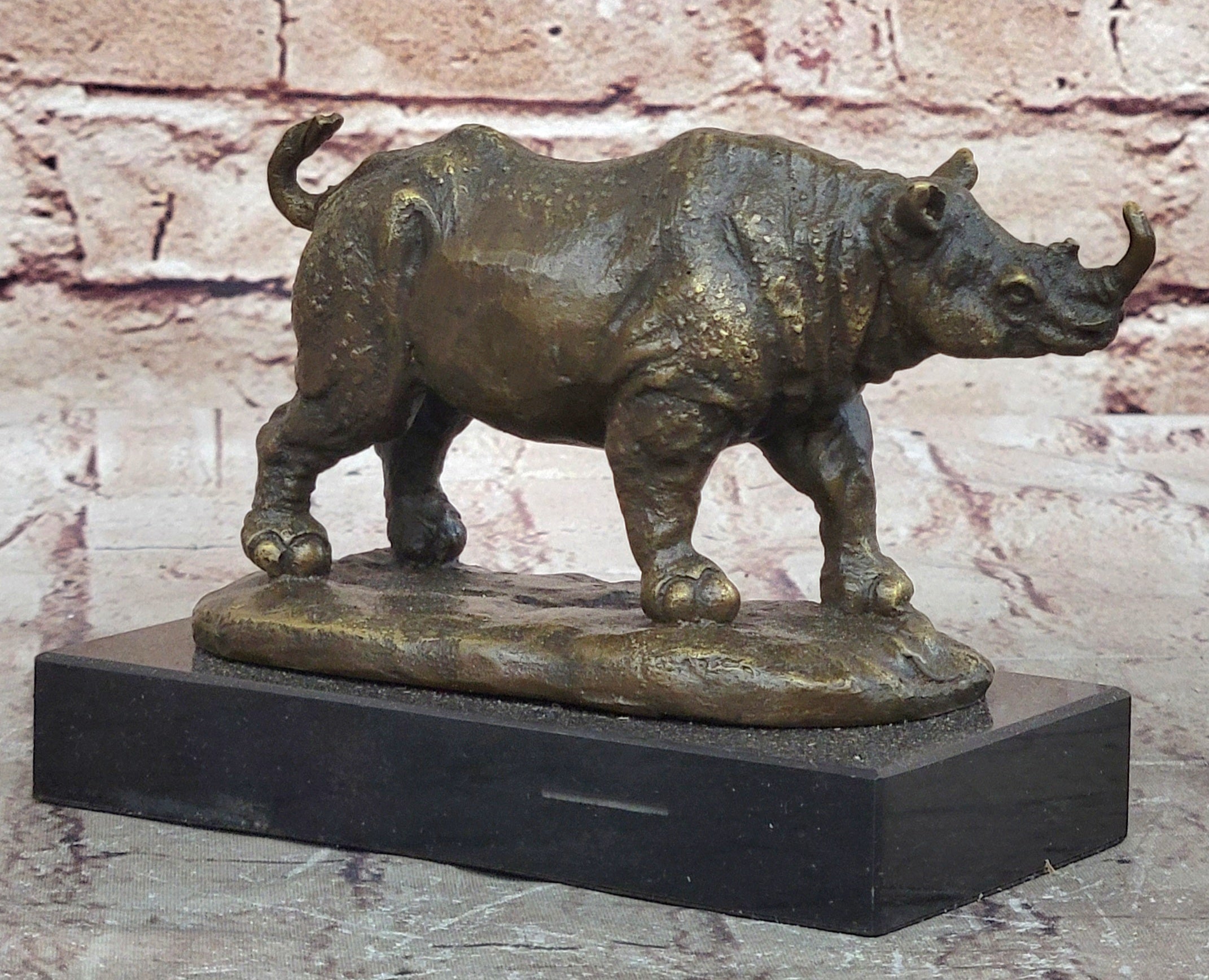 Bronze Rhino Sculpture on Marble Base – Vintage Wildlife