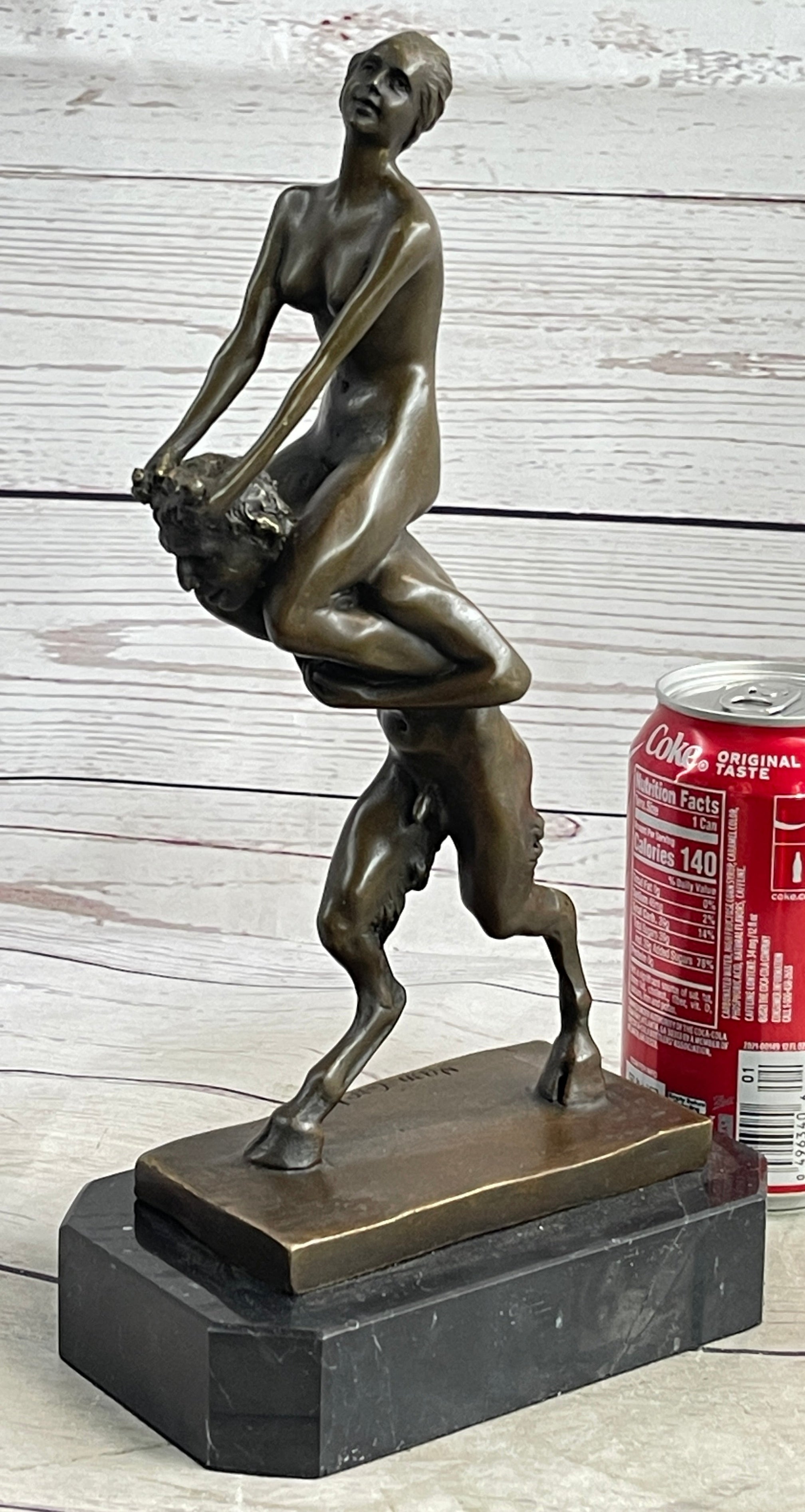 Bronze Erotic Nude Nymph Girl and Satyr Fawn Faun Sculpture Statue on Marble Base